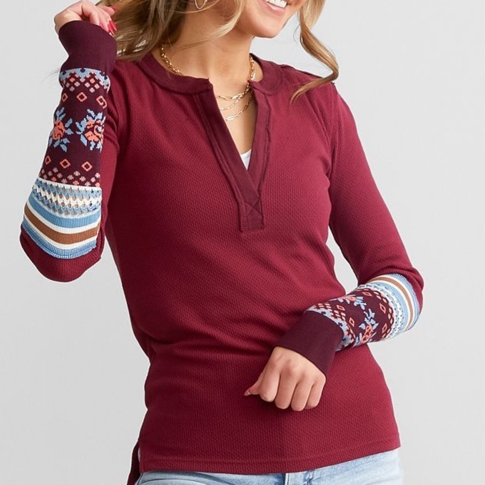 Free People Mikah Notch Neck Thermal Cuff Top XS